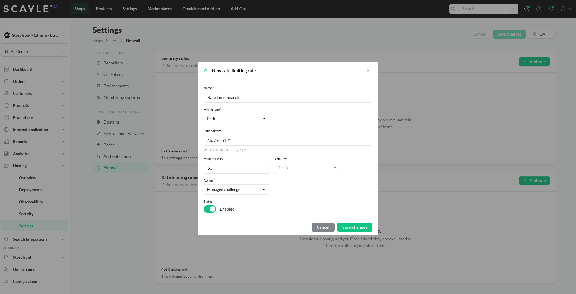Rate limiting rule configured with Path pattern /api/search/*, 50 max requests per 1 minute window, and Managed Challenge action